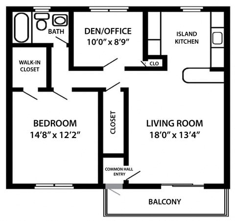 Floor plan for 1 bed, 1 bath, 877 sqft
